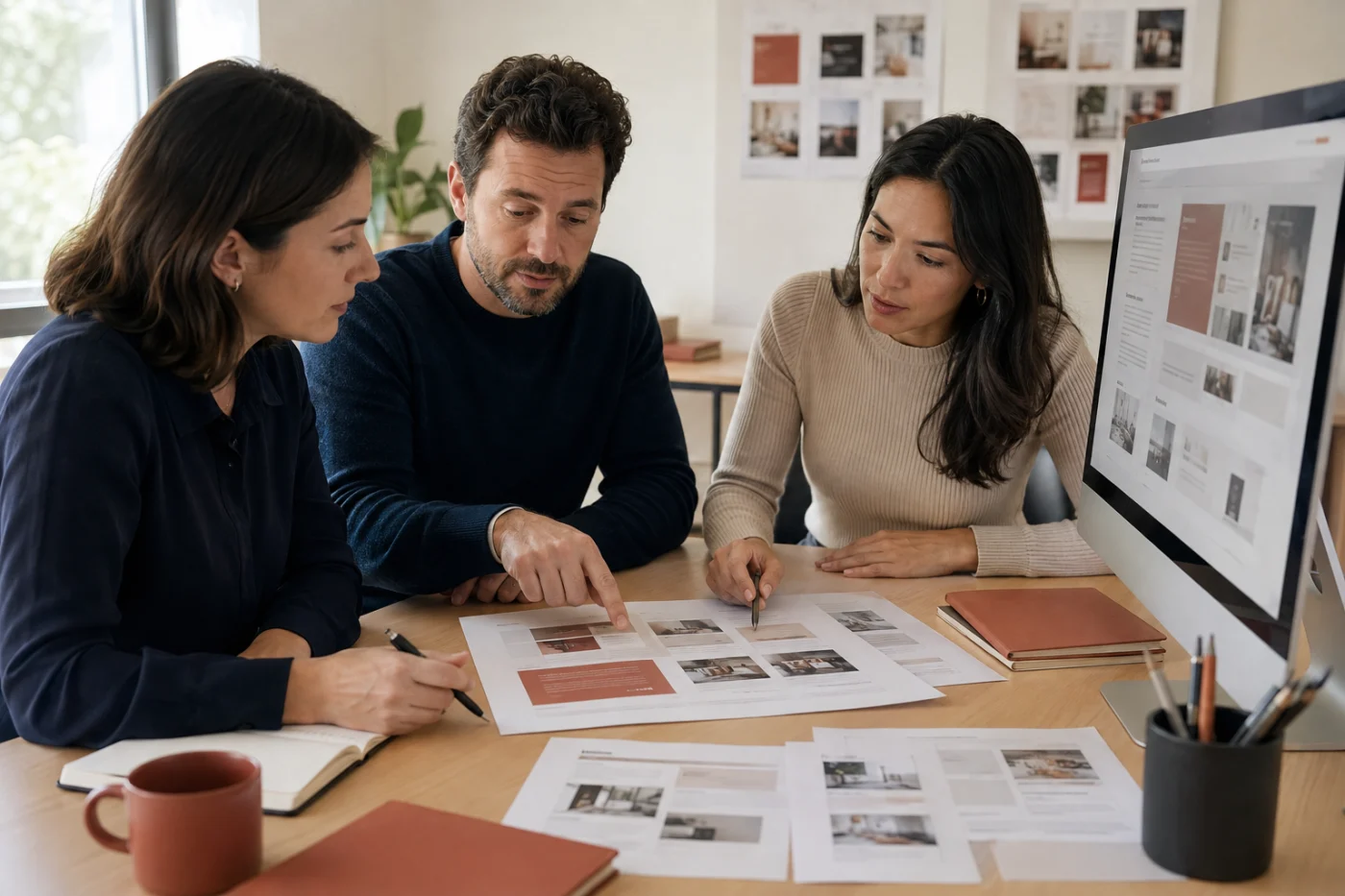 Illustrative team reviewing website page layouts and content