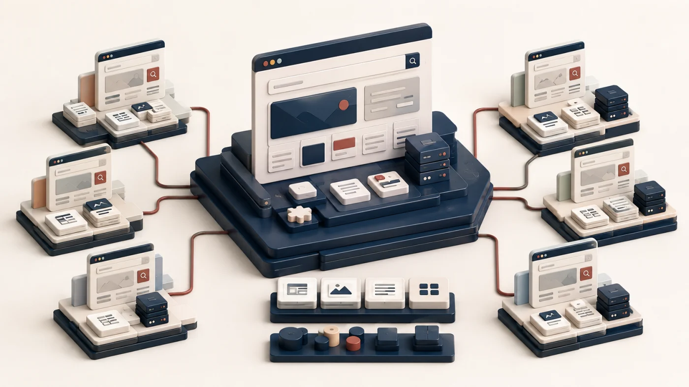 Conceptual illustration of connected enterprise websites, platforms, and reusable page components