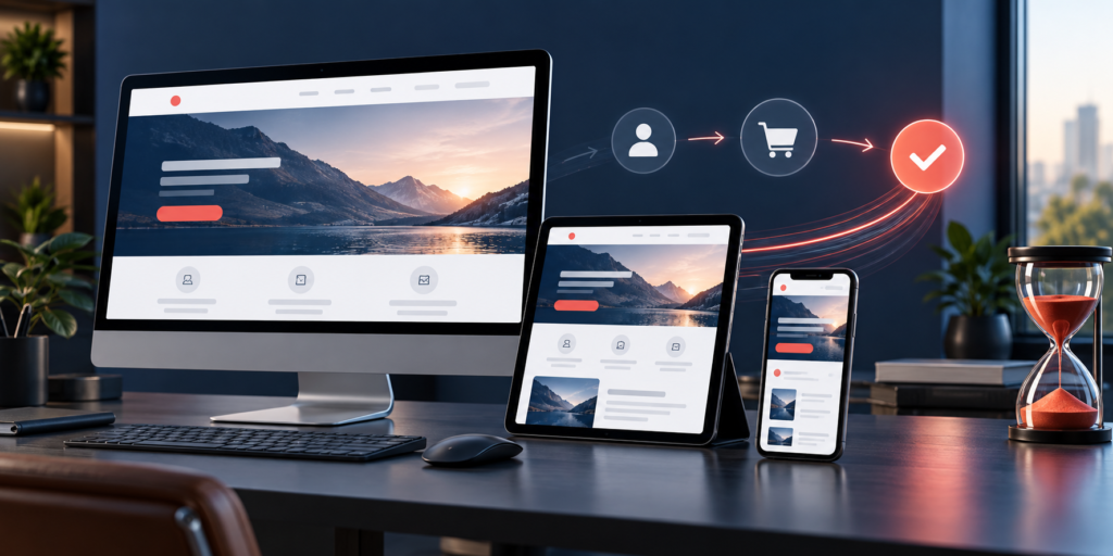 Responsive website displayed across desktop, tablet and mobile devices with a clear conversion journey