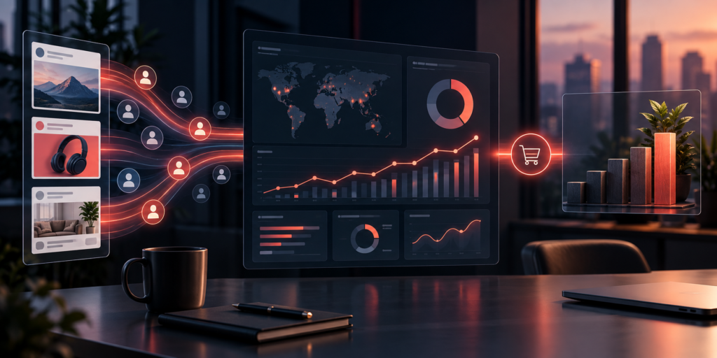 Campaign audience pathways connected to a performance measurement dashboard and commercial growth signals